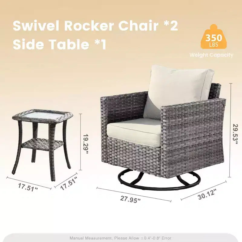 HOMLUX 3-Piece Patio Set: Swivel Rocking Chairs & Side Table in All-Weather Wicker