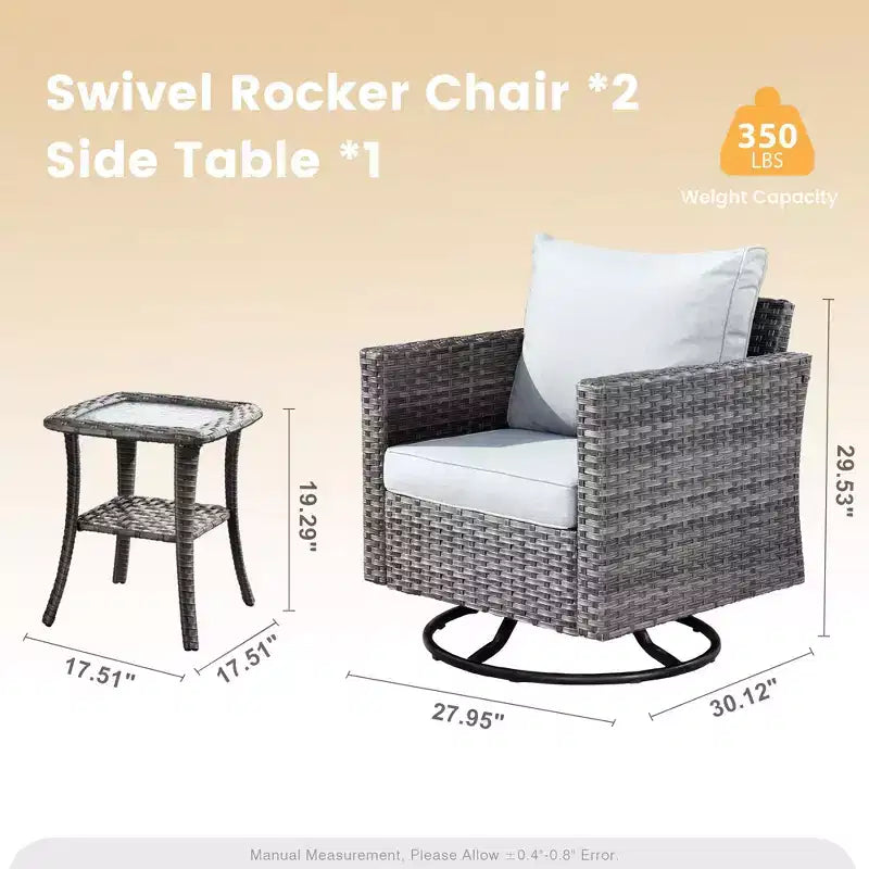 HOMLUX 3-Piece Patio Set: Swivel Rocking Chairs & Side Table in All-Weather Wicker