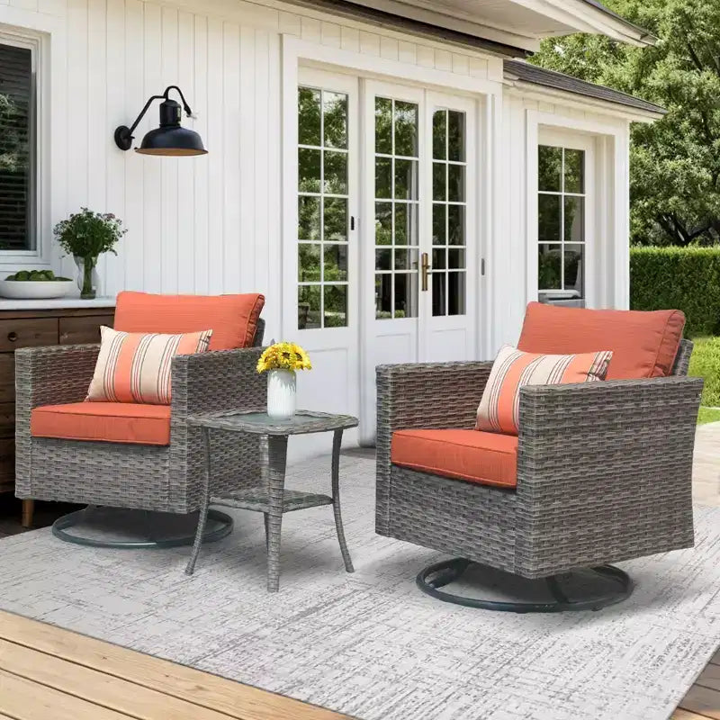 HOMLUX 3-Piece Patio Set: Swivel Rocking Chairs & Side Table in All-Weather Wicker