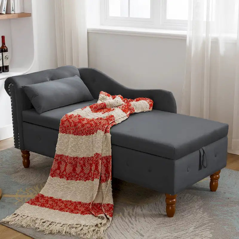 Schwarzer Chaiselongue-Sessel aus Samt, 148 cm, mit Knopfheftung und Stauraum