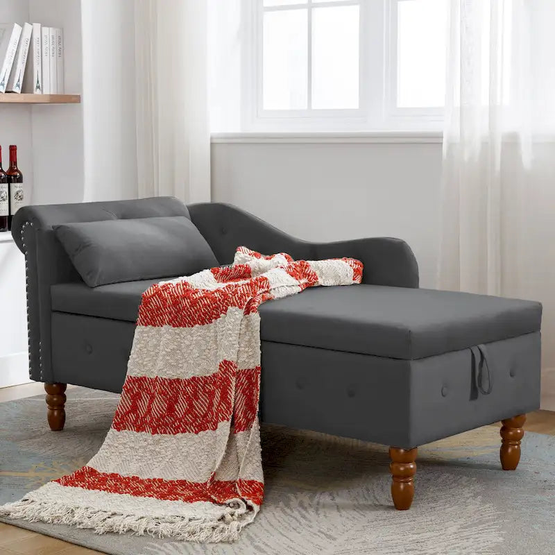 Schwarzer Chaiselongue-Sessel aus Samt, 148 cm, mit Knopfheftung und Stauraum