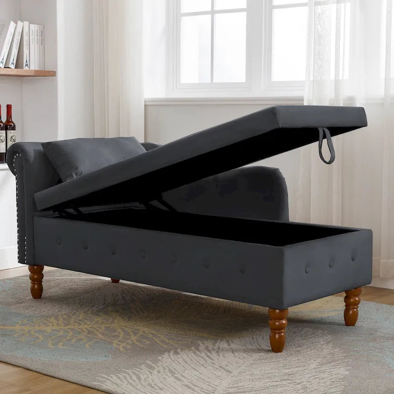 Schwarzer Chaiselongue-Sessel aus Samt, 148 cm, mit Knopfheftung und Stauraum