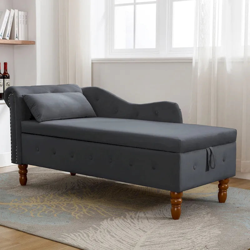 Schwarzer Chaiselongue-Sessel aus Samt, 148 cm, mit Knopfheftung und Stauraum