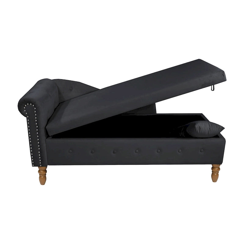 Schwarzer Chaiselongue-Sessel aus Samt, 148 cm, mit Knopfheftung und Stauraum