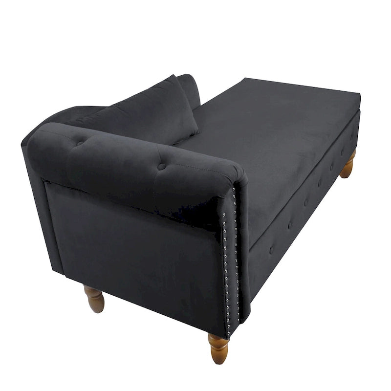 Schwarzer Chaiselongue-Sessel aus Samt, 148 cm, mit Knopfheftung und Stauraum