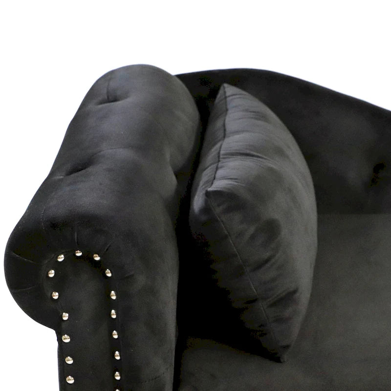 Schwarzer Chaiselongue-Sessel aus Samt, 148 cm, mit Knopfheftung und Stauraum
