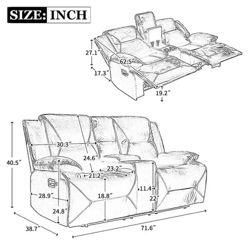 2-Sitzer Heimkino-Liegesessel mit LED-Lichtleiste, Becherhaltern und Aufbewahrungsbox
