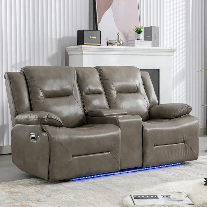 2-Sitzer Heimkino-Liegesessel mit LED-Lichtleiste, Becherhaltern und Aufbewahrungsbox