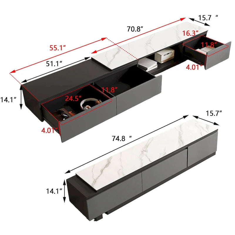 Ausziehbarer TV-Ständer Mediakonsole mit 3 Schubladen - 75"-122"