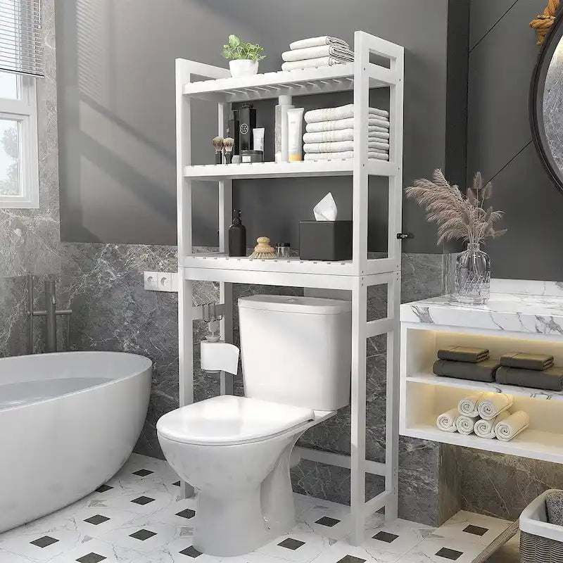 Bambus-Badregal, 3-stöckiges Toilettenregal mit 3 Haken