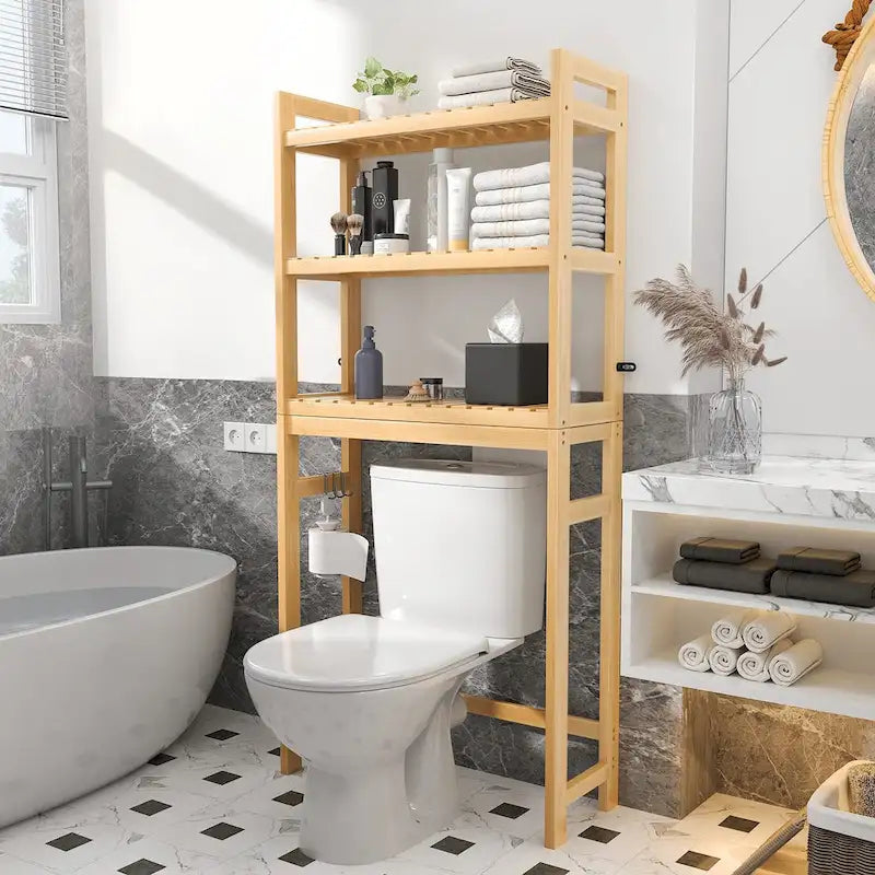 Bambus-Badregal, 3-stöckiges Toilettenregal mit 3 Haken