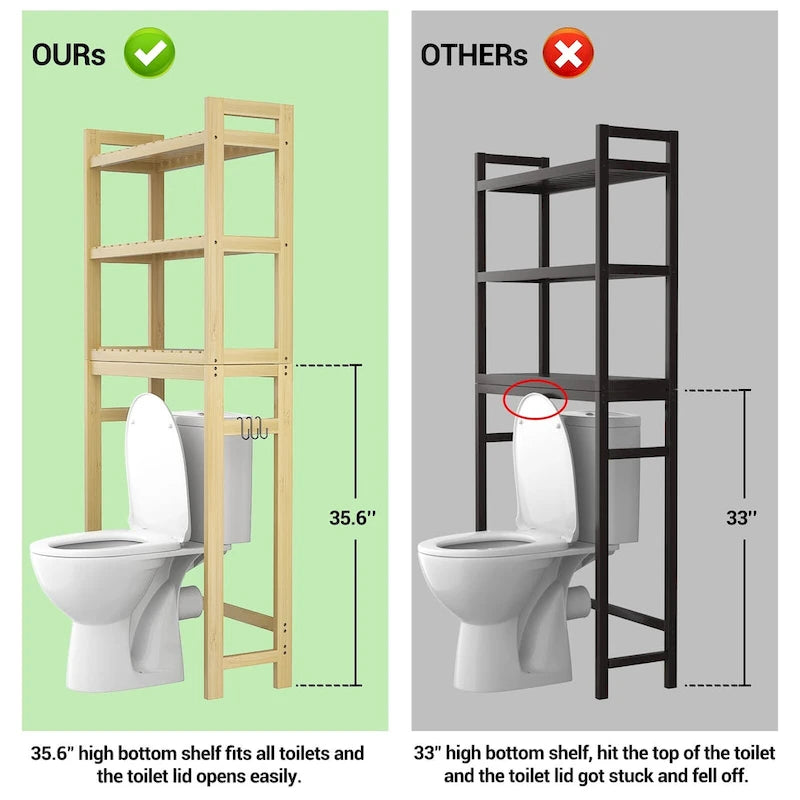 Bambus-Badregal, 3-stöckiges Toilettenregal mit 3 Haken