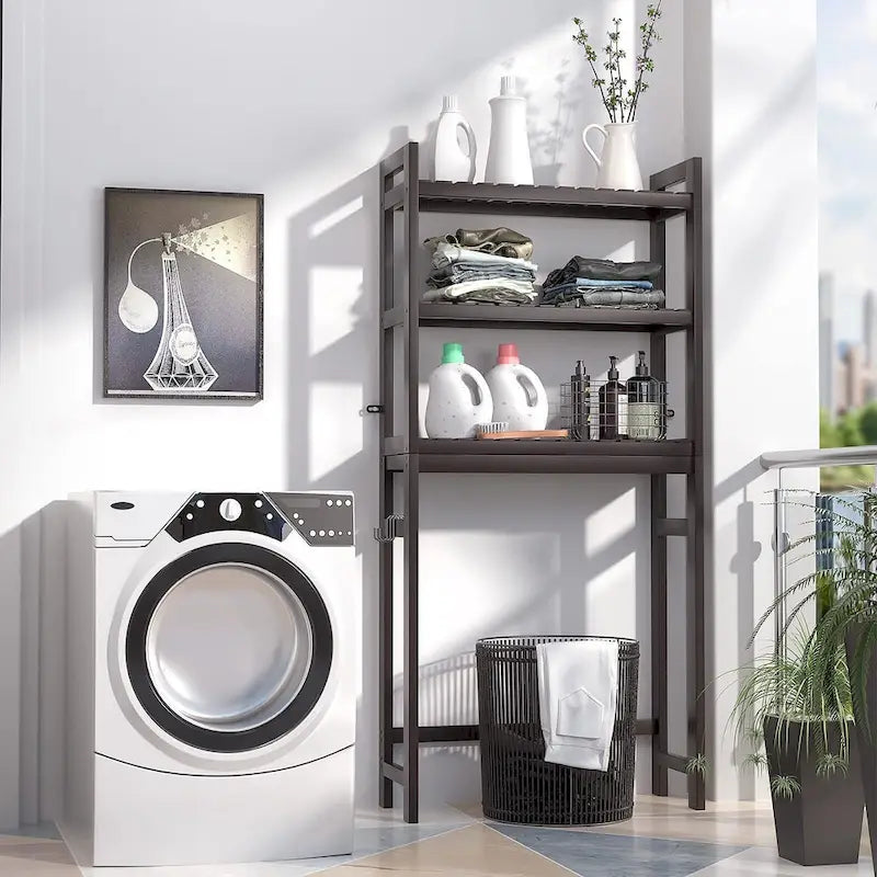 Bambus-Badregal, 3-stöckiges Toilettenregal mit 3 Haken
