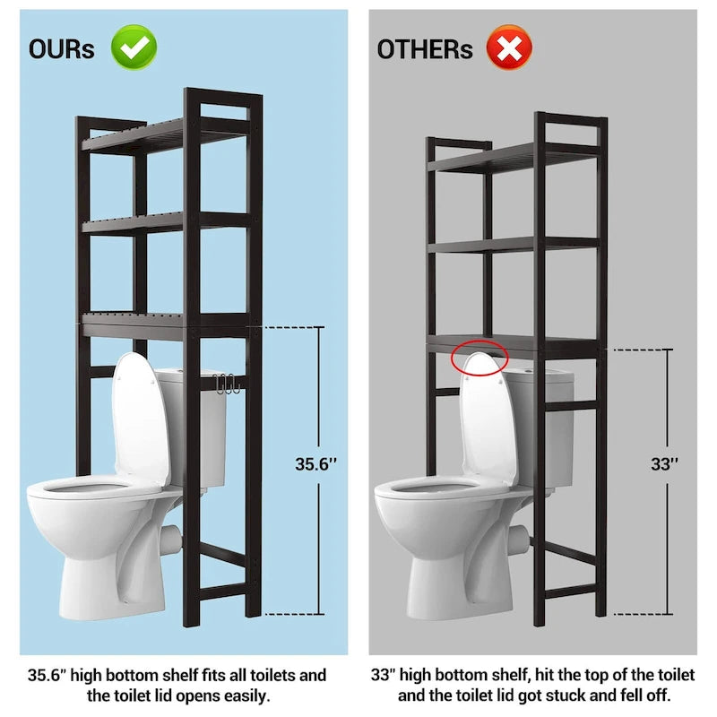 Bambus-Badregal, 3-stöckiges Toilettenregal mit 3 Haken