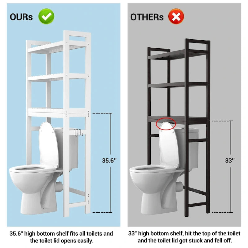 Bambus-Badregal, 3-stöckiges Toilettenregal mit 3 Haken