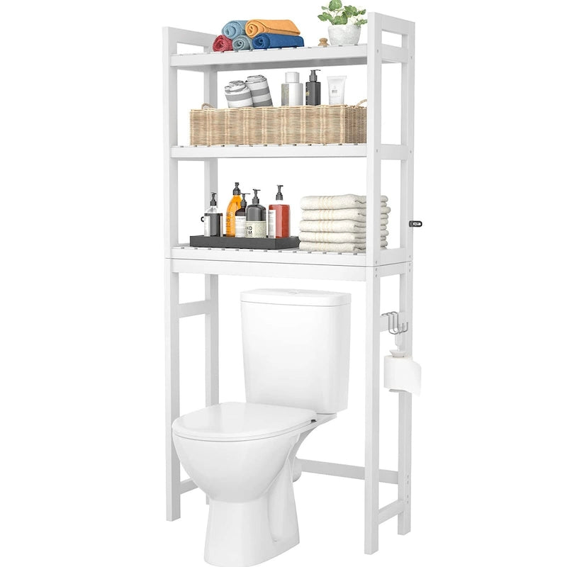 Bambus-Badregal, 3-stöckiges Toilettenregal mit 3 Haken