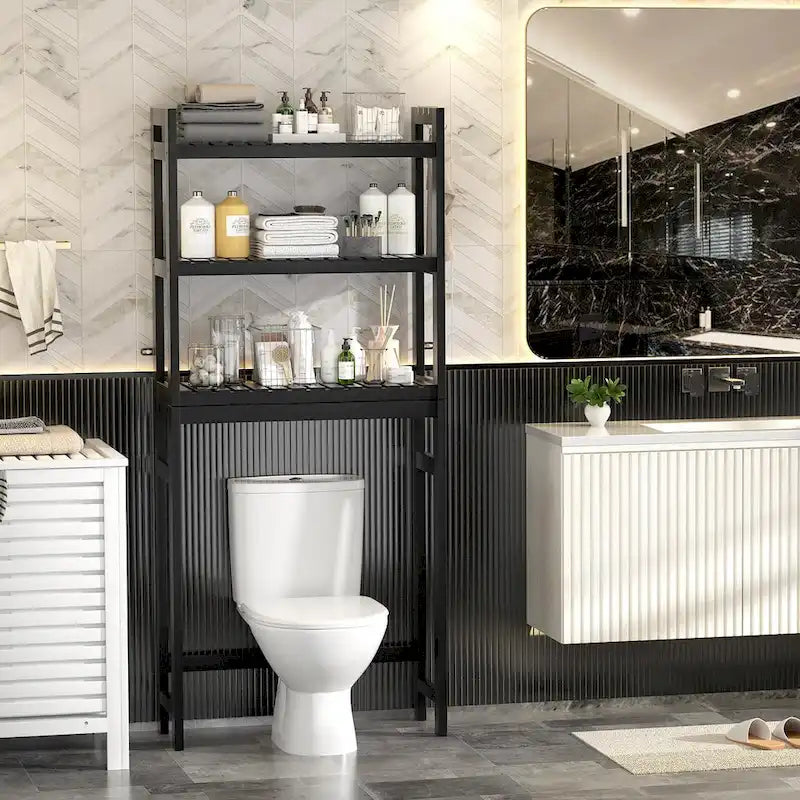 Bambus-Badregal, 3-stöckiges Toilettenregal mit 3 Haken