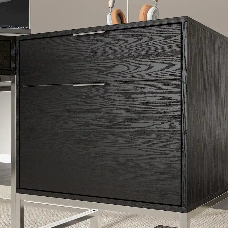 L-förmiger Schreibtisch in Schwarz mit Holzmaserung, 5 Schubladen und Stahlrahmen