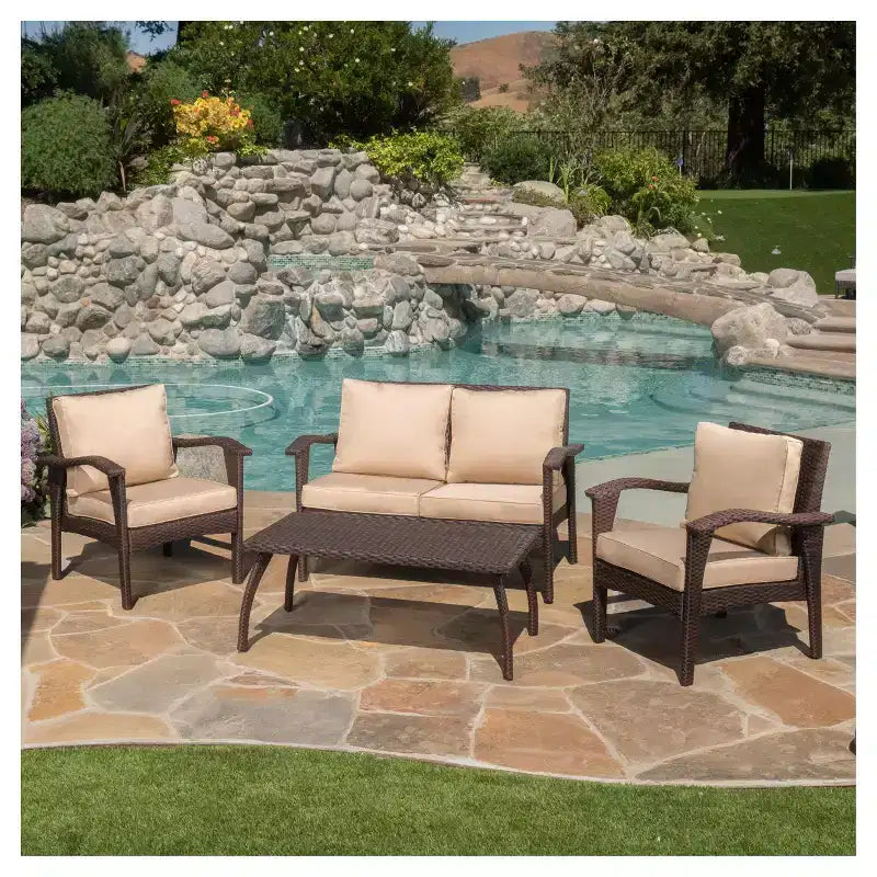 Honolulu Outdoor 4pc Wicker Seating Set and Cushions - Christopher Knight Home