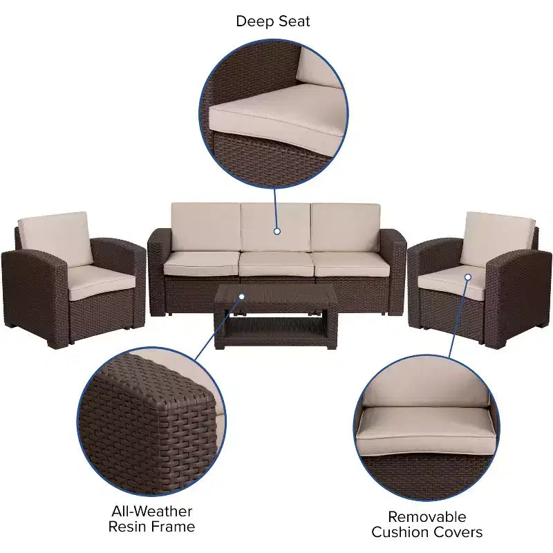 Flash Furniture 4 Piece Outdoor Faux Rattan Chair, Sofa and Table Set in Chocolate Brown