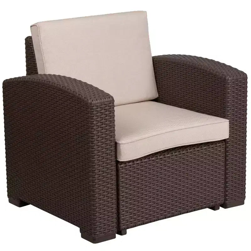 Flash Furniture 4 Piece Outdoor Faux Rattan Chair, Sofa and Table Set in Chocolate Brown