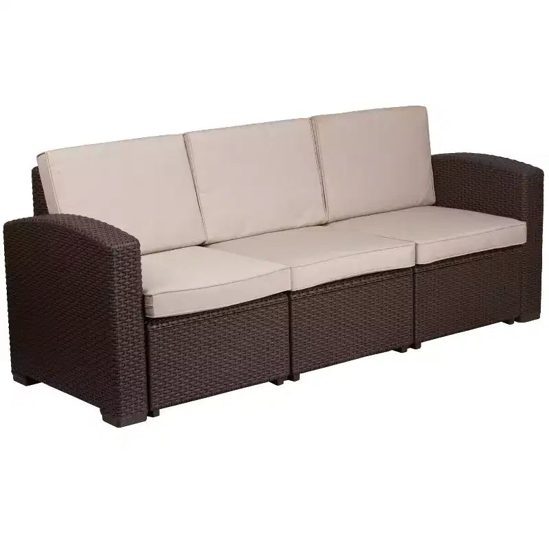 Flash Furniture 4 Piece Outdoor Faux Rattan Chair, Sofa and Table Set in Chocolate Brown