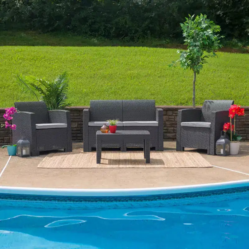 Flash Furniture 4 Piece Outdoor Faux Rattan Chair, Loveseat and Table Set