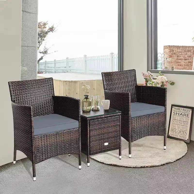 Costway Outdoor 3 PCS PE Rattan Wicker Furniture Sets Chairs Coffee Table Garden