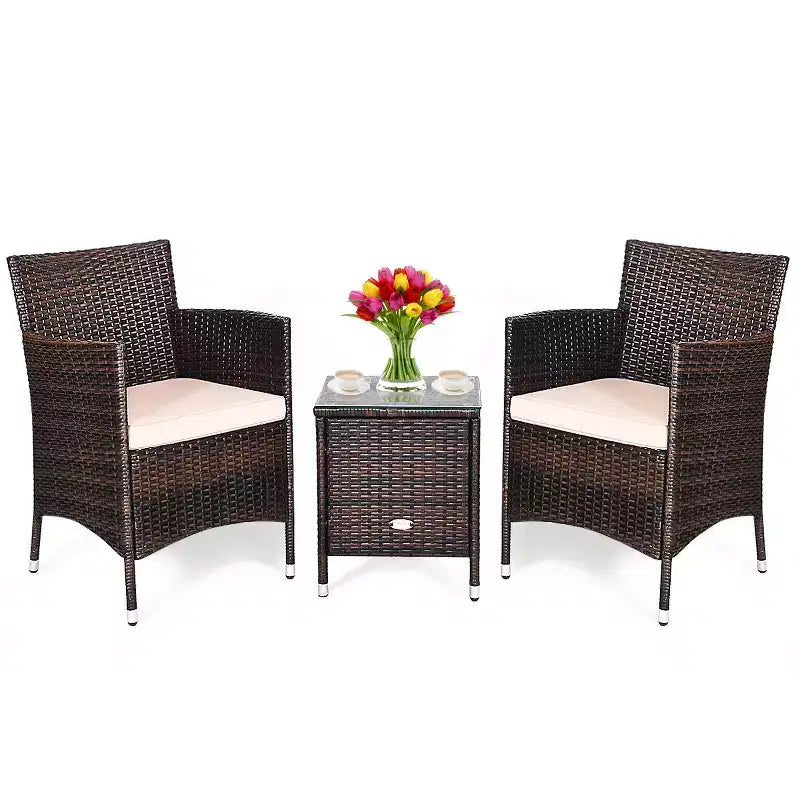Costway Outdoor 3 PCS PE Rattan Wicker Furniture Sets Chairs Coffee Table Garden
