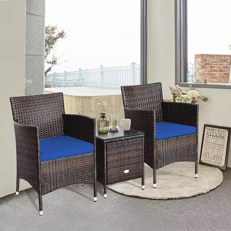 Costway Outdoor 3 PCS PE Rattan Wicker Furniture Sets Chairs Coffee Table Garden