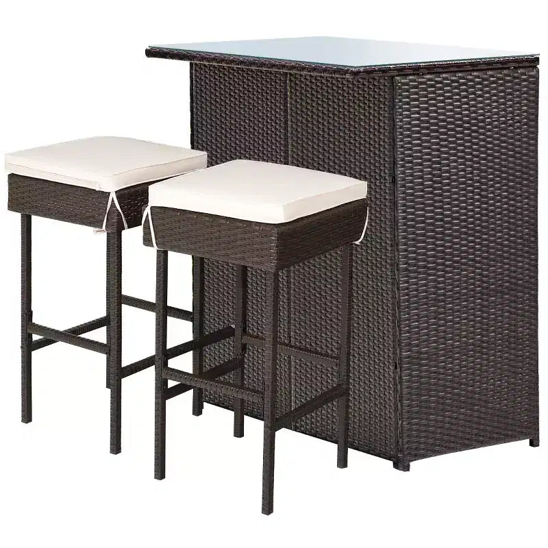 Costway 3PCS Patio Rattan Wicker Bar Table Stools Dining Set Cushioned Chairs Garden