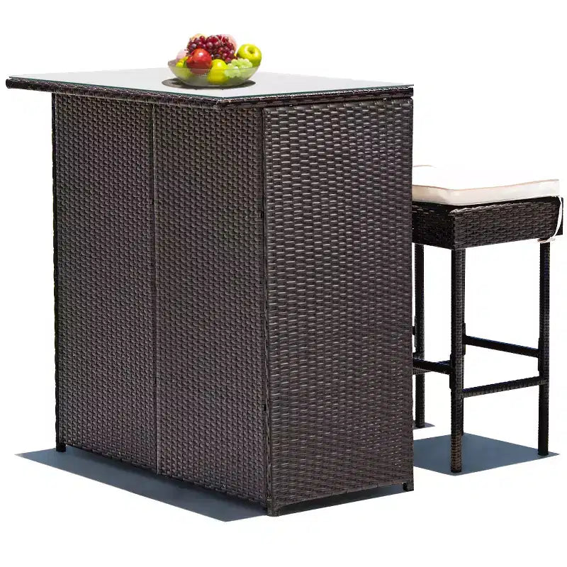 Costway 3PCS Patio Rattan Wicker Bar Table Stools Dining Set Cushioned Chairs Garden