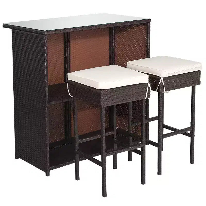 Costway 3PCS Patio Rattan Wicker Bar Table Stools Dining Set Cushioned Chairs Garden