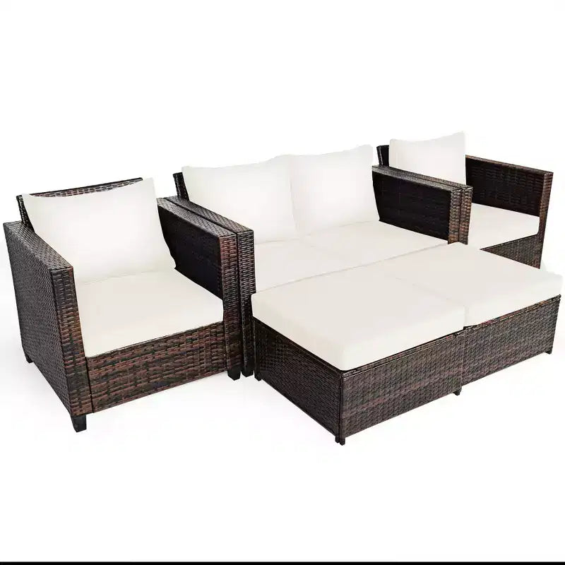 Costway 5PCS Patio Rattan Furniture Set Loveseat Sofa Ottoman Cushioned Red\White