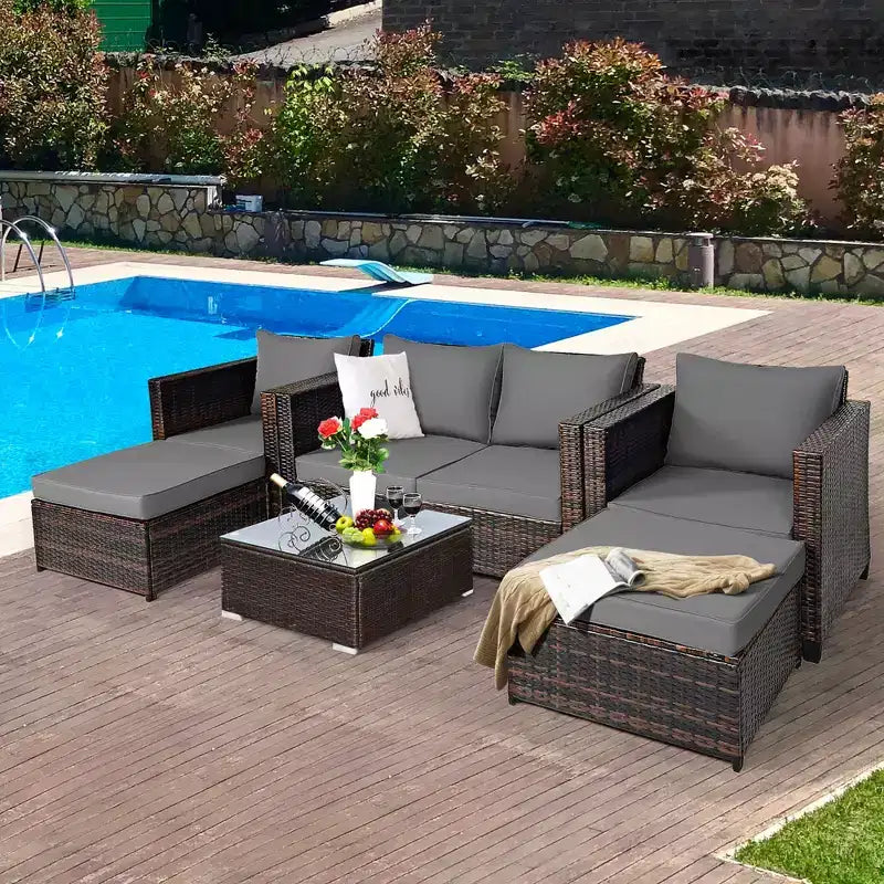 Costway 5PCS Patio Rattan Furniture Set Loveseat Sofa Ottoman Cushioned Red\White