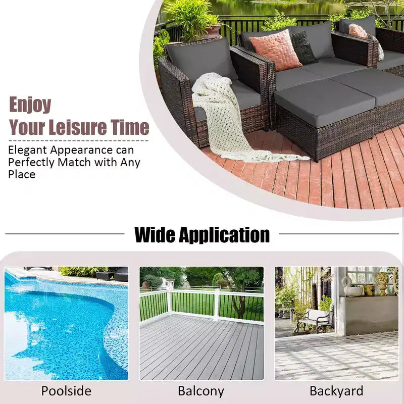 Costway 5PCS Patio Rattan Furniture Set Loveseat Sofa Ottoman Cushioned Red\White