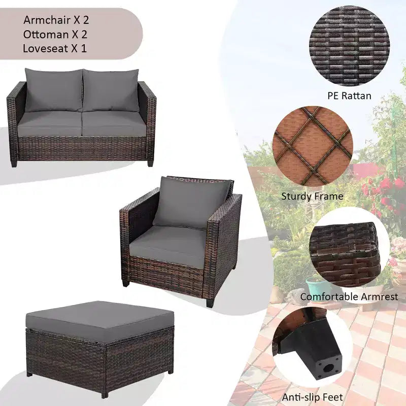 Costway 5PCS Patio Rattan Furniture Set Loveseat Sofa Ottoman Cushioned Red\White