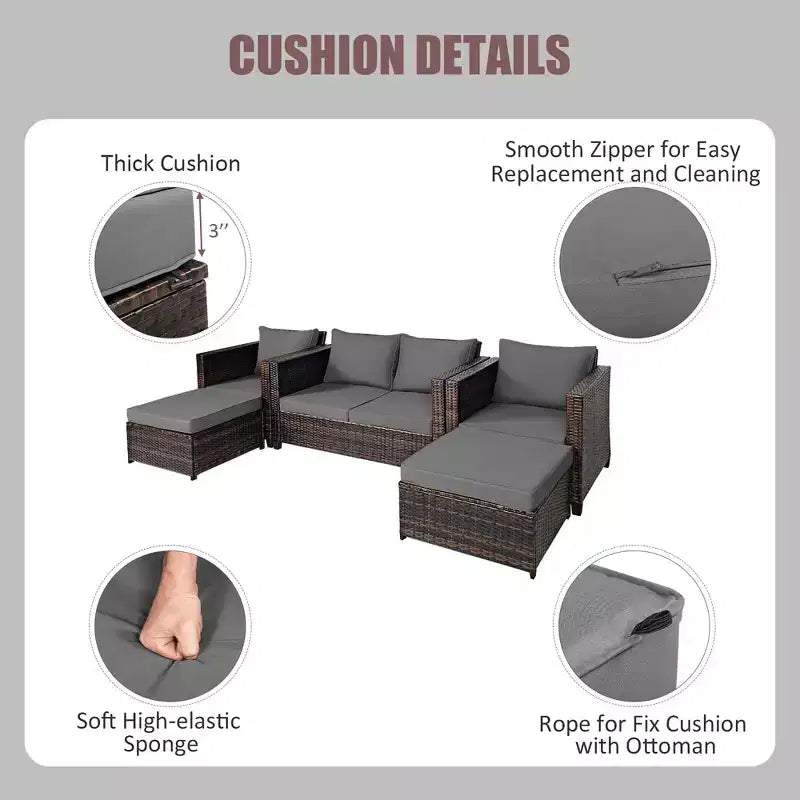 Costway 5PCS Patio Rattan Furniture Set Loveseat Sofa Ottoman Cushioned Red\White