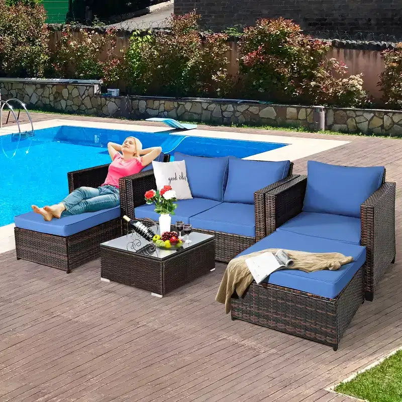 Costway 5PCS Patio Rattan Furniture Set Loveseat Sofa Ottoman Cushioned Red\White