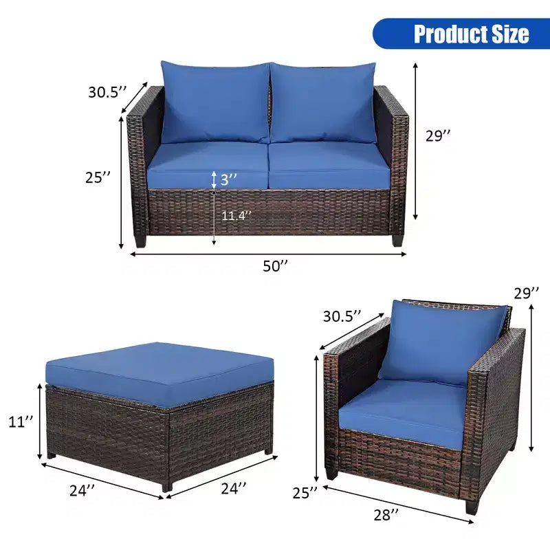 Costway 5PCS Patio Rattan Furniture Set Loveseat Sofa Ottoman Cushioned Red\White