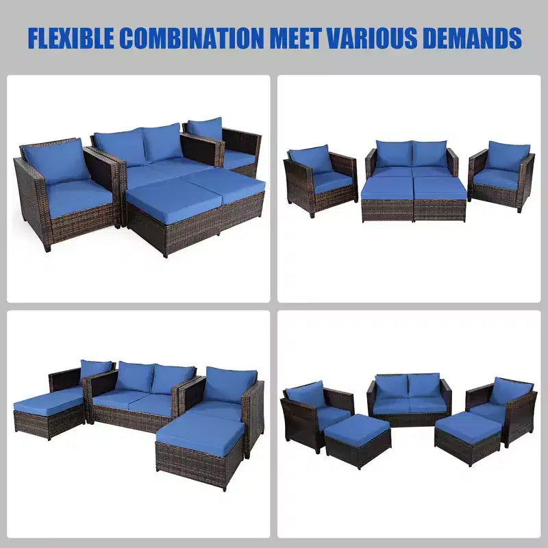 Costway 5PCS Patio Rattan Furniture Set Loveseat Sofa Ottoman Cushioned Red\White