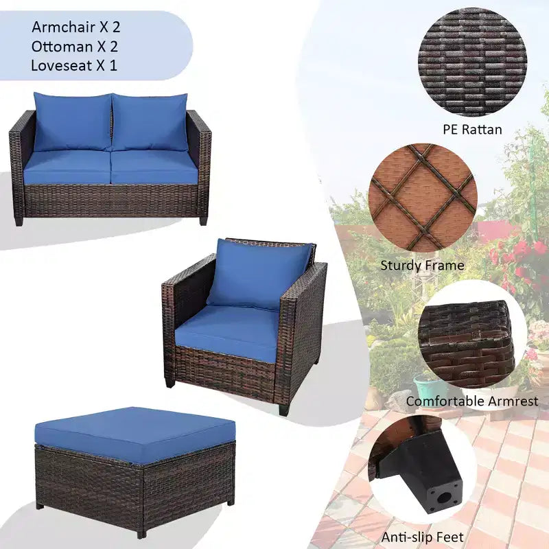 Costway 5PCS Patio Rattan Furniture Set Loveseat Sofa Ottoman Cushioned Red\White