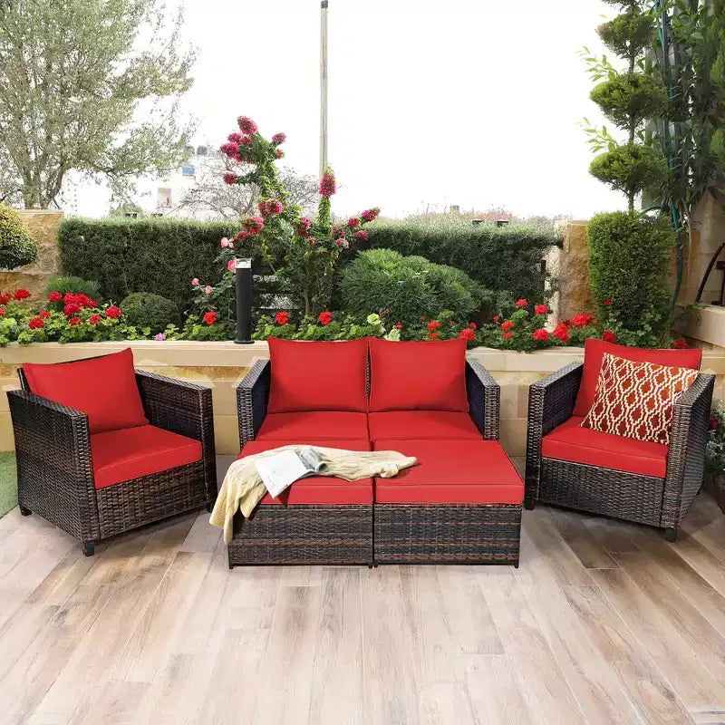 Costway 5PCS Patio Rattan Furniture Set Loveseat Sofa Ottoman Cushioned Red\White