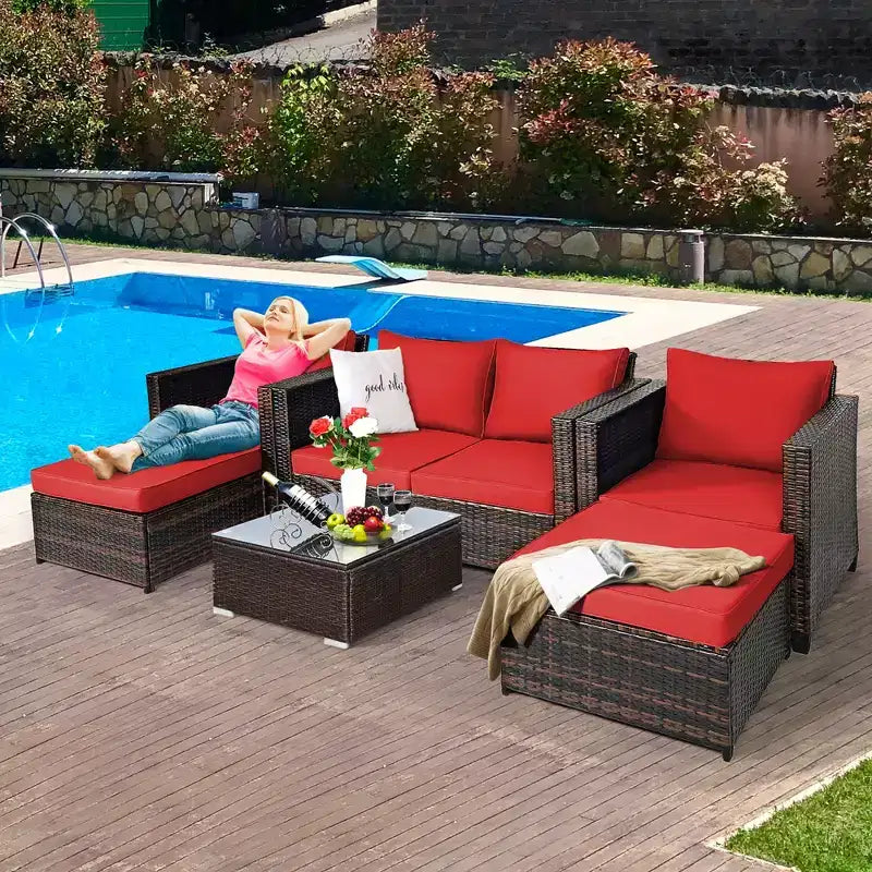 Costway 5PCS Patio Rattan Furniture Set Loveseat Sofa Ottoman Cushioned Red\White