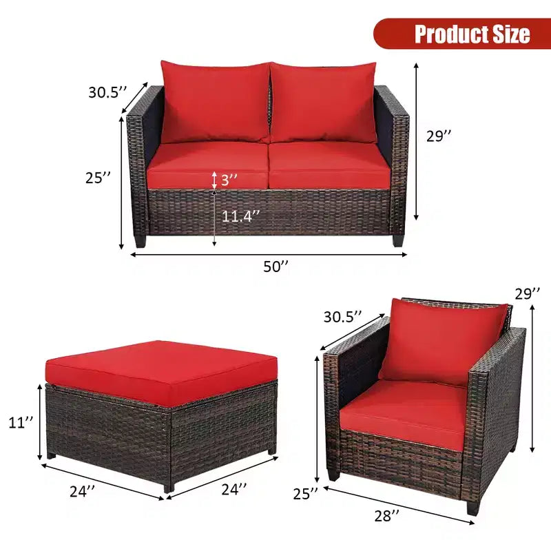 Costway 5PCS Patio Rattan Furniture Set Loveseat Sofa Ottoman Cushioned Red\White