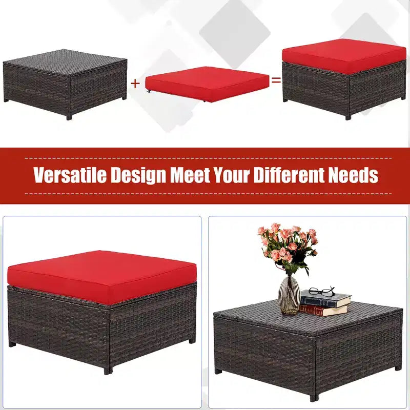 Costway 5PCS Patio Rattan Furniture Set Loveseat Sofa Ottoman Cushioned Red\White