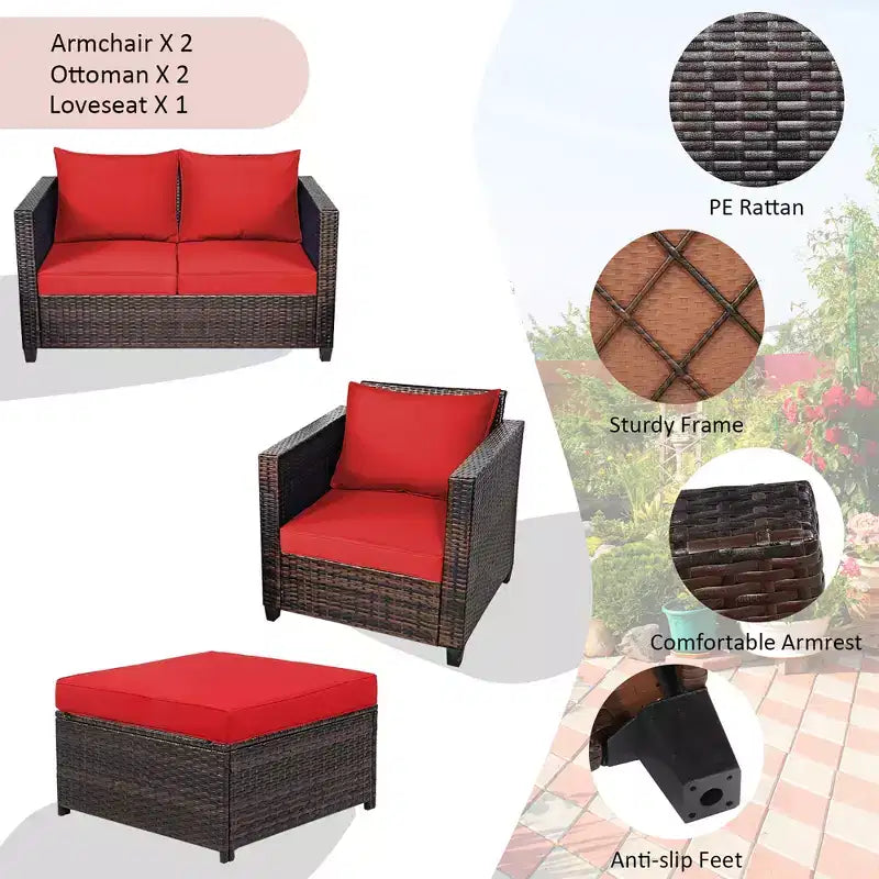 Costway 5PCS Patio Rattan Furniture Set Loveseat Sofa Ottoman Cushioned Red\White