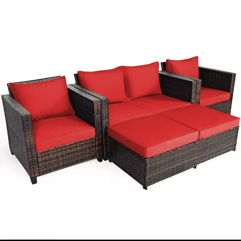 Costway 5PCS Patio Rattan Furniture Set Loveseat Sofa Ottoman Cushioned Red\White