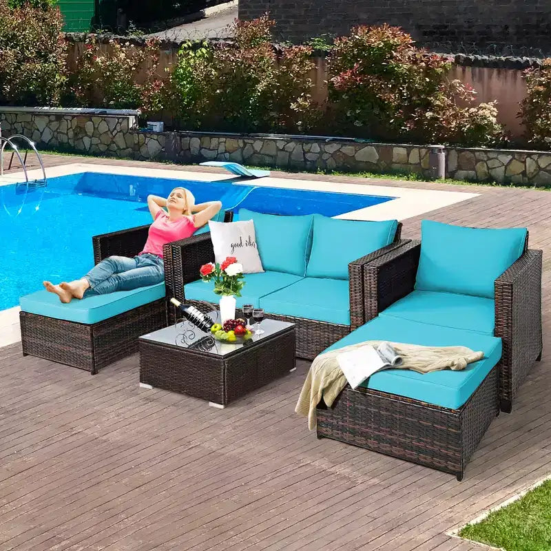 Costway 5PCS Patio Rattan Furniture Set Loveseat Sofa Ottoman Cushioned Red\White
