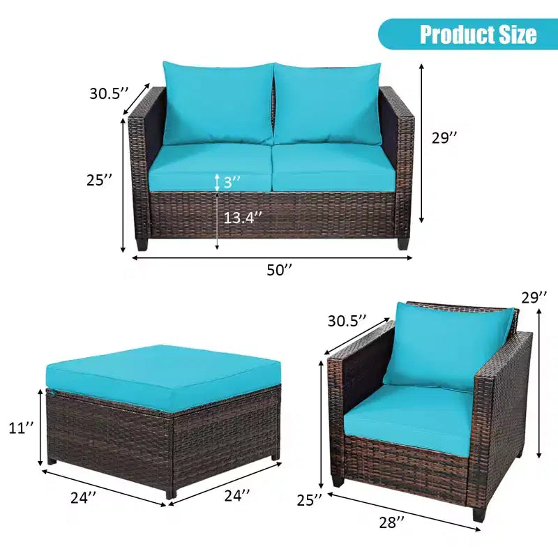 Costway 5PCS Patio Rattan Furniture Set Loveseat Sofa Ottoman Cushioned Red\White
